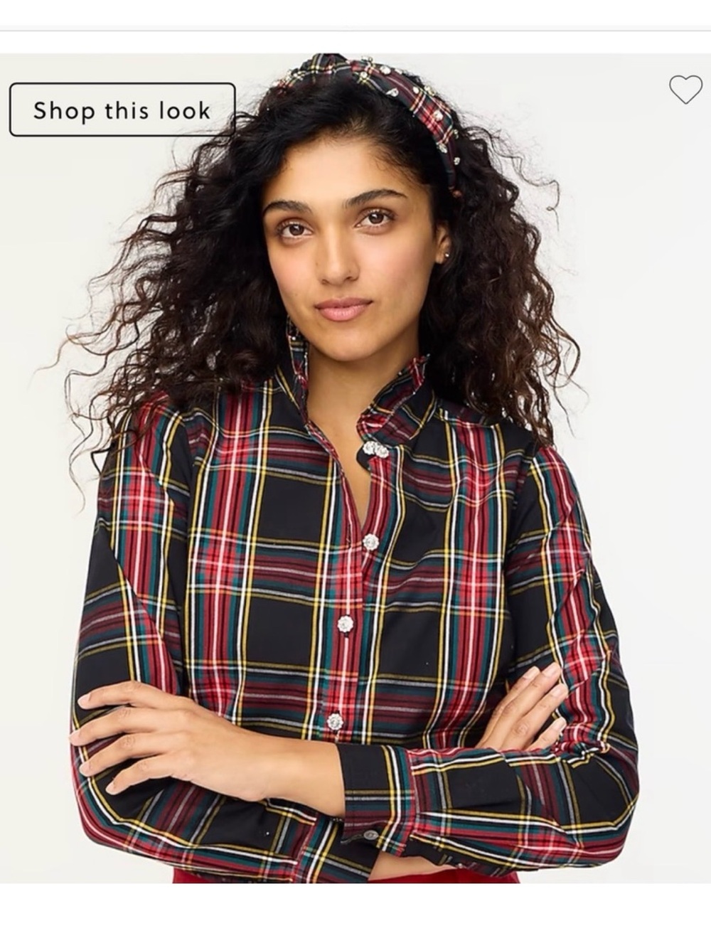 Jcrew factory stuart plaid ruffle neck‎ blouse with jeweled buttons medium